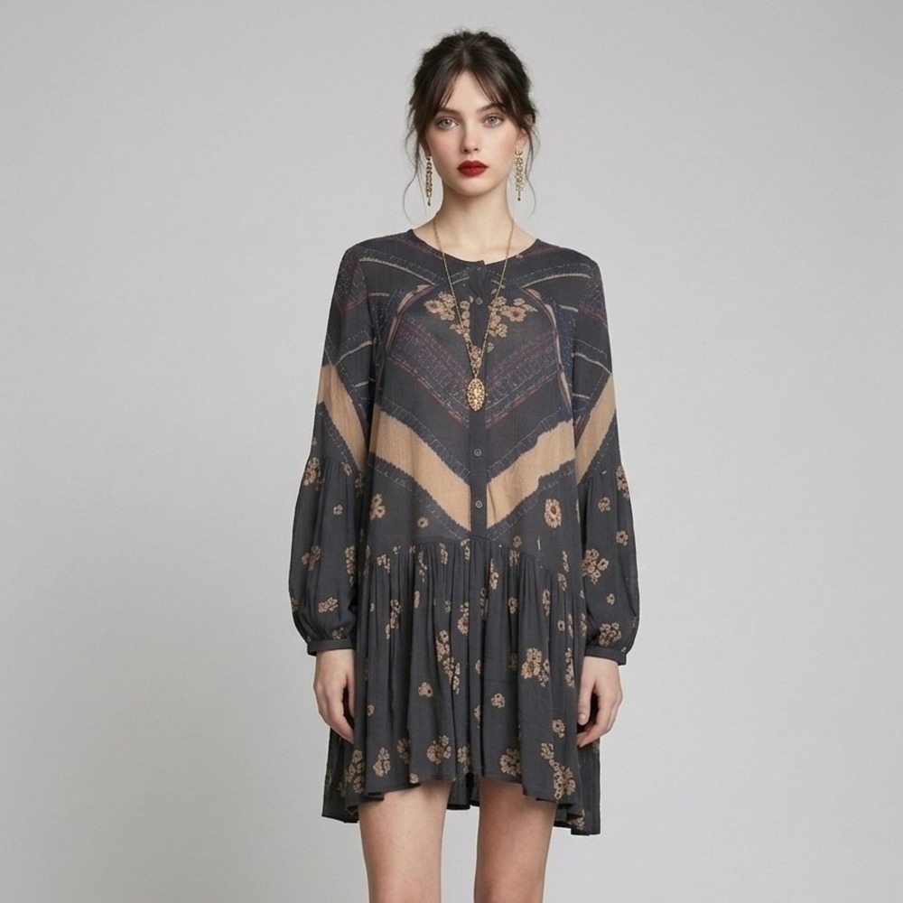 Title: Free People From Your Heart Tunic Dress S Blue Gray Floral Boho Goth